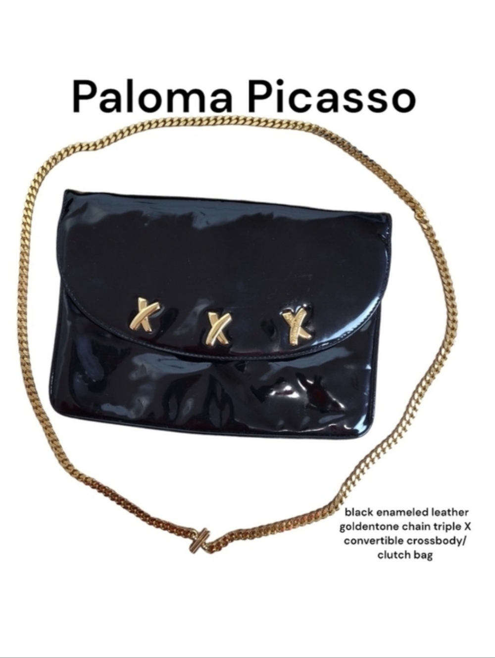 Paloma Picasso black enameled leather triple X golden chain crossbody clutch bag